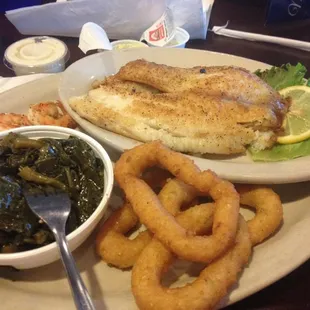 Jumbo shrimp, tilapia, collards