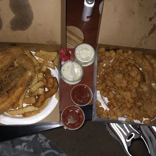 Flounder fried (left) and shrimp with fried catfish