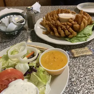 A house salad( this is an extra charge, appetizer- blooming onion