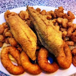 Tuesday Daily Special: Fried Flounder and Baby Shrimp. Served with hush puppies, French fries, and cole slaw.