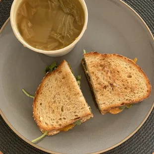 Roasted butternut squash sandwich with Napa cabbage soup