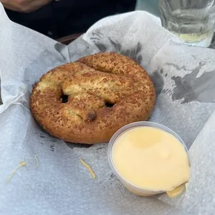 cheesy jalapeno pretzel: super delicious. The inside of the pretzel is slightly underdone, and stuffed with cheese and jalapenos. Awesome