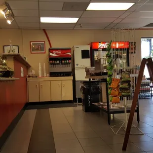Counter area, coffee, and drink offerings