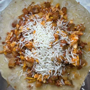 Chorizo, egg, potatoes and cheese