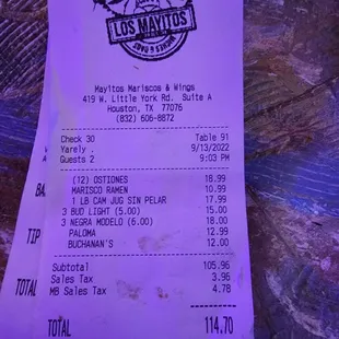 Receipt for expensive drinks and food w low quality