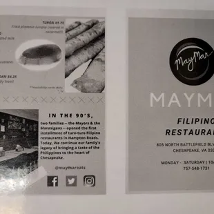the menu for the restaurant