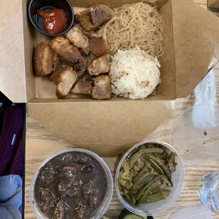 Lex hon kawali, noodles, garlic fried rice, dinuguan, pinakbet and pickled cucumbers