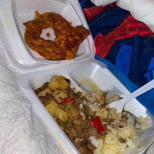 Chicken wings, ground beef with white rice ! It's sooo good.