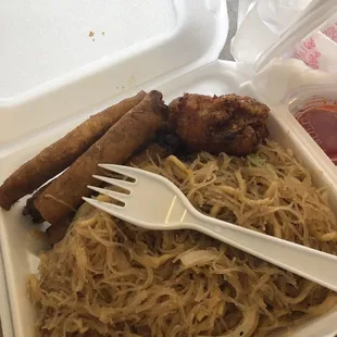 Pancit and Lumpia combo with a chicken wing.