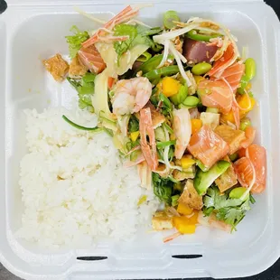 a meal in a styrofoam container