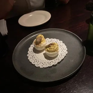 Deviled eggs with pickled okra.