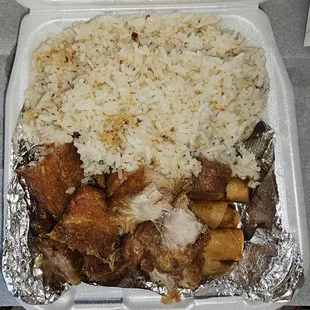 Lechon Kawali Combo Plate with Garlic Rice and 3 Lumpia Shanghai