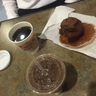 iced coconut mocha, chocolate chocolate chip muffin and coffee