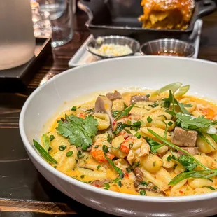 Crawfish and Andouille Tom Yum over Gnochetti Pasta