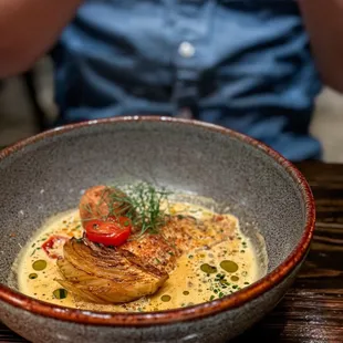 Spice Crusted Gulf Fish in Saffron Coconut Crab Jus