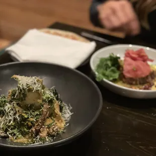 COCONUT BRAISED BEEF SHANK WITH PAPPARDELLE (in front) and CRISPY PORK SHOULDER (back)