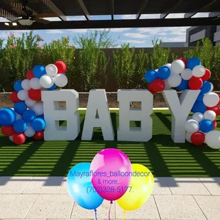Gender reveal in fourth of July colors 
BABY letters available for rent 
Balloons can be added for a fee