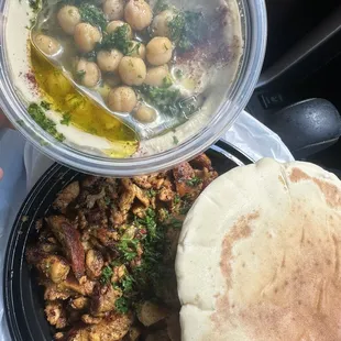 Chicken Shawarma "full" bowl.  Side of human and pita to go.