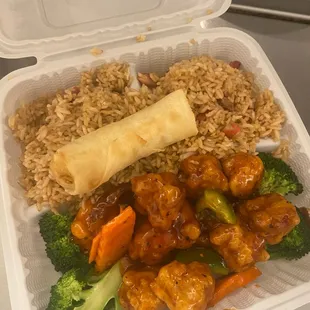 a meal in a styrofoam container