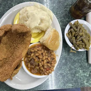 Catfish, mash potatoes, green bean, cowboy rolls and dinner roll