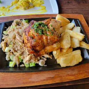 Peruvian chicken with chaufa rice and yuca