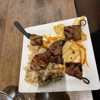 Steak Kabobs served with 2 sides.