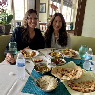 Enjoying Lunch with Sister: Chicken Curry, Aloo Gobi, Bartha,Rice and Naan.