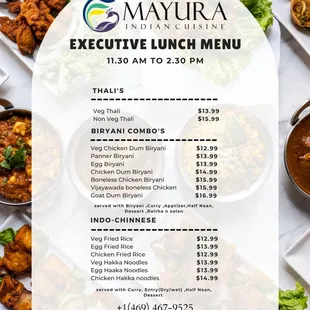 the menu for mayura indian cuisine