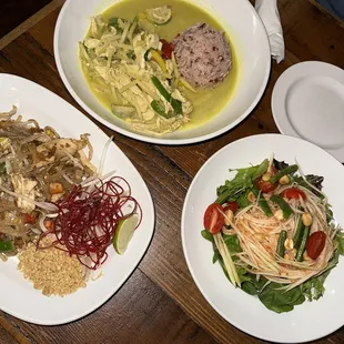 Pad Thai, Green Curry, and Som Tum (Papaya Salad)