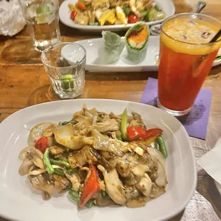 Drunken Noodle Dishes; Veggie Spring Rolls (Vegan); Cha Manow (Thai Arnold Palmer)
