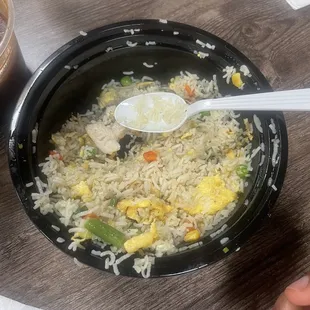 Egg fried rice with chicken pieces in it !!!