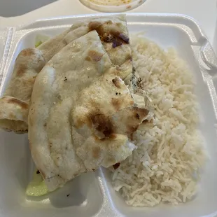 Salad, rice, and naan