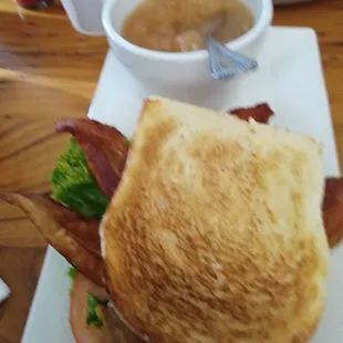 Hot apple sauce homemade and a homemade bread with bacon lettuce and tomato BLT . That bacon is fabulous