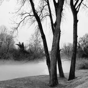 a black and white photograph of a foggy lake