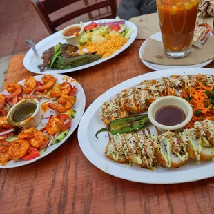 Shrimp de michelada, Mexicano sushi, and Plato de carne asada. All
