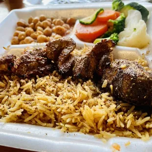 Chicken Kebab Platter with hummus and Seasoned Steamed Veggies