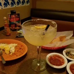 What&apos;s left of a giant Mazatlan style margarita, Enchiladas a la Crèma, chips, salsa and Poco de Gallo... So good all the way around!