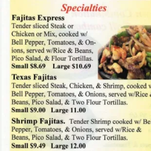Photo showing the menu for the fajitas.