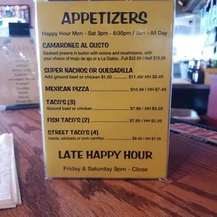 Happy hour menu