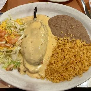 Beef Chile Relleno with Beans and Rice! Delicious!