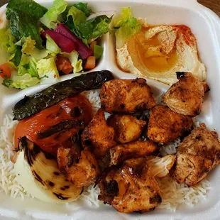 Chicken kabob, basmati rice, hummus and salad. Simply the BEST!!!!!!