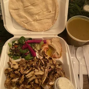 $14 CHICKEN SHAWARMA PLATE - big potion, loved everything! Pita came on the side. Ordered a side of lentil soup