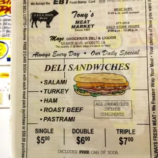 a menu for a deli sandwich