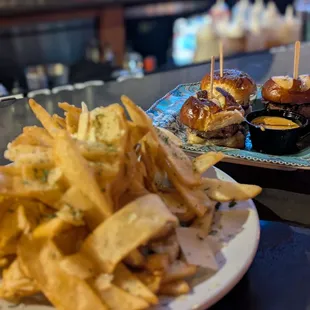 Garlic Parmesan fries and Wagyu sliders