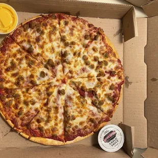 Medium pepperoni sausage thin crust pizza (pepperoni is under the cheese &amp; sausage)