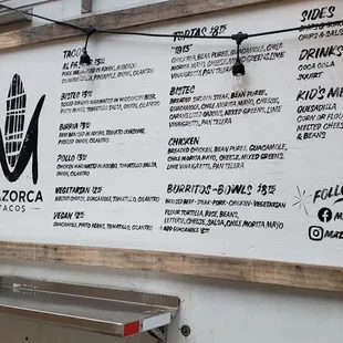 the menu on the wall