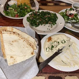 Hummus, Tabouleh Salad, Mazzat Greek Salad, Kafta Kabab Platter