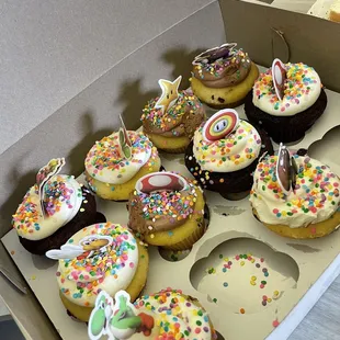 Assorted cupcakes (Mario toppers were added by us).