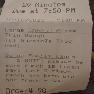 a receipt for a pizza