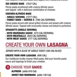 Mazzio's Pasta &amp; create your own Lasagna Menu Options